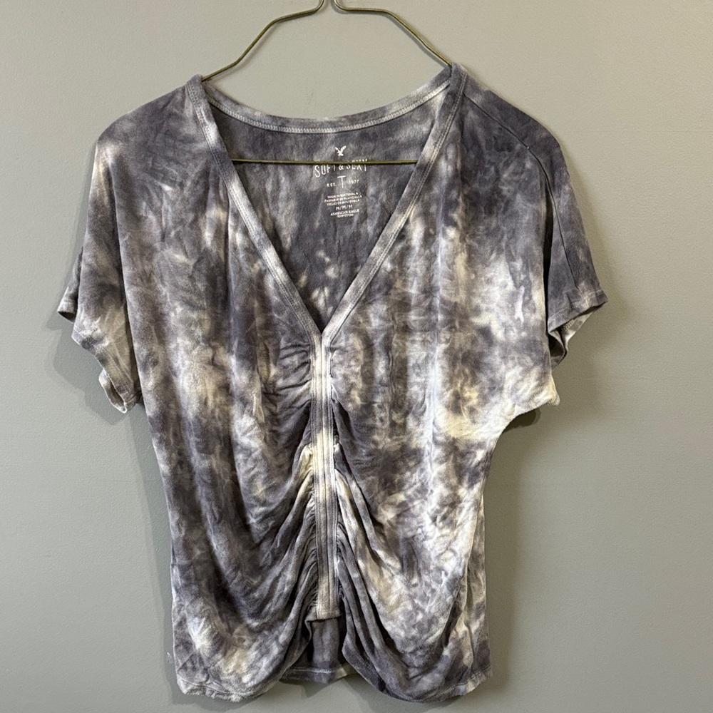 American Eagle Outfitters Black and White Tie-Dye Short Sleeve Top